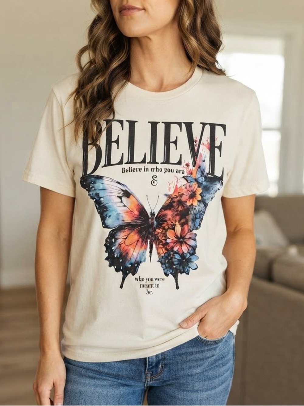 INSPIRATIONS Believe Butterfly Graphic Tee M  20” p2p Cream EUC